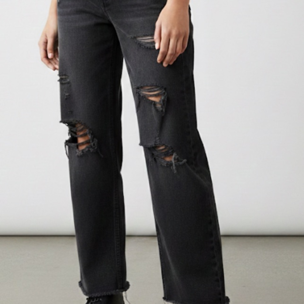 PrettyLittleThing Black Distressed High Waisted Wide Leg Jeans Size 6